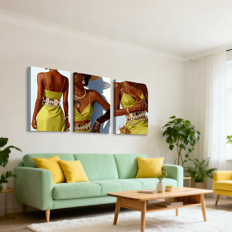 Boho Fashion Wall Art, ensemble de toile femme verte, ceinture dorée et décor de bijoux en perle, H 20 po x l 28 po