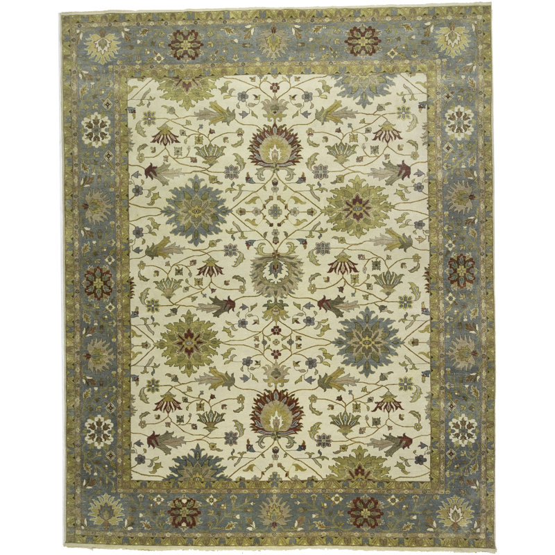 Tapis oriental crème crème à motif floral Osh Chobi 10 x 10 fait à la main Peshawar, Rectangle 11 pi 10 po x 14 pi 10 po