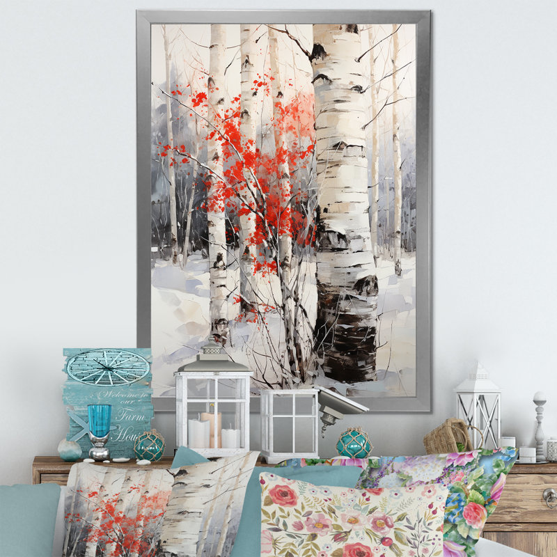 Bois de bouleau blanc et rouge en hiver sur toile, H 32 po x l 24 po x P 1 po, Cadre photo argenté