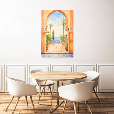 Affiche murale côtière abstraite avec arche marocaine, vue sur l'océan et palmiers.