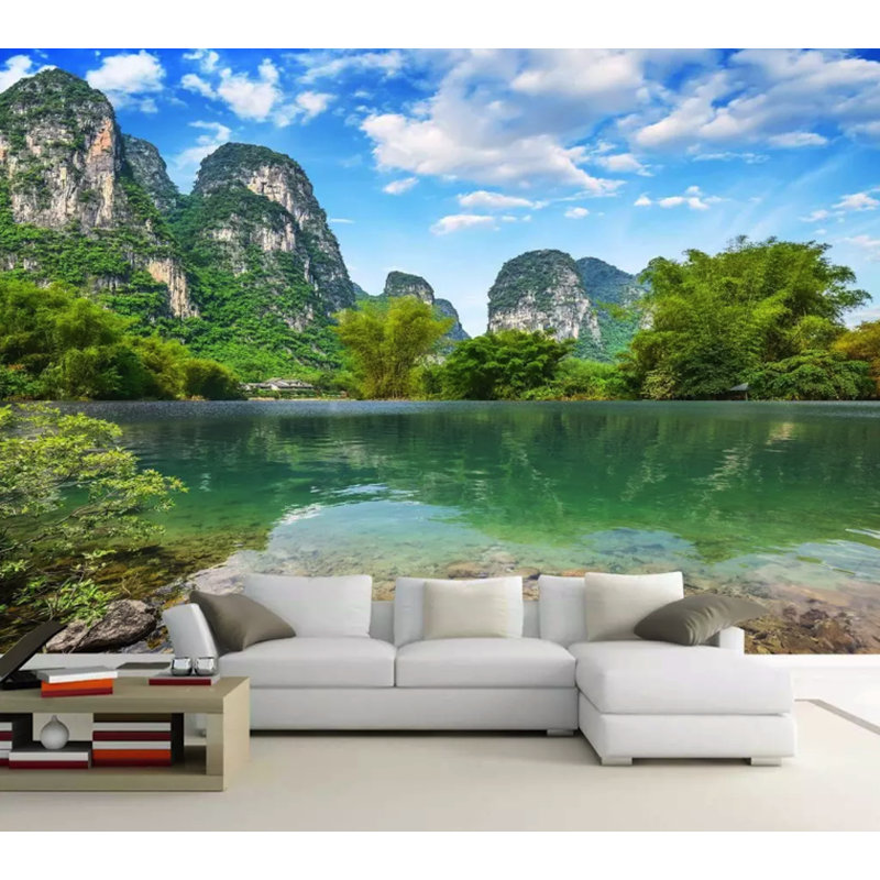 Papier peint texturé amovible Lake Landscape Mountain, l 150 po x L 98 po