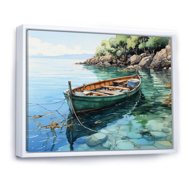 Bateau ancré IV sur toile, H 34 po x l 44 po x P 1,5 po, Cadre flottant blanc