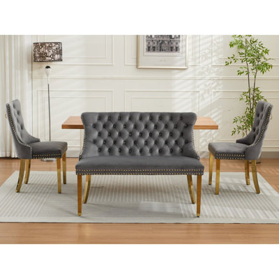 Velvet Double Dining Loveseat Bench, Kitchen & Dining Seating, 2-Seat Tufted Bench W/Handmade Buttons, Wing Back, Gold-Plated Steel Legs, Mid Century Modern,Single Pack,Grey,SW1602GY