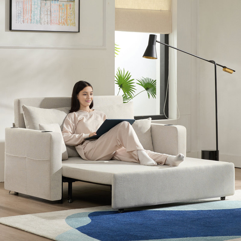 Canapé-lit à accoudoirs carrés convertibles 56 po 3 en 1 avec causeuse convertible avec USB et porte-gobelets, Beige
