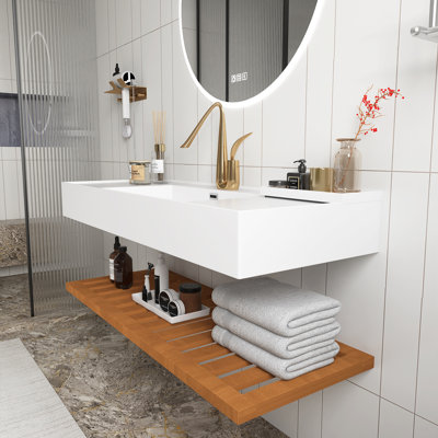 Wall-Mounted Floating White Rectangular Acrylic Integrated Basin With Striped Shelves Layer Bathroom Vanity In Dark Walnut