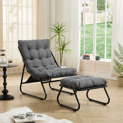 Méridienne d'extérieur pour patio avec repose-pieds, fauteuil inclinable confortable avec coussin gonflable et repose-pieds, idéale pour le salon, la chambre à coucher, la salle de lecture, structure noire avec coussin gris