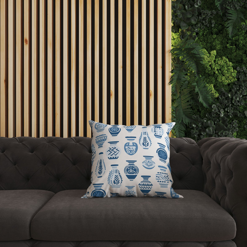 Coussin décoratif intérieur / extérieur Mystical Pottery, H 16 po x l 16 po, Bleu / blanc