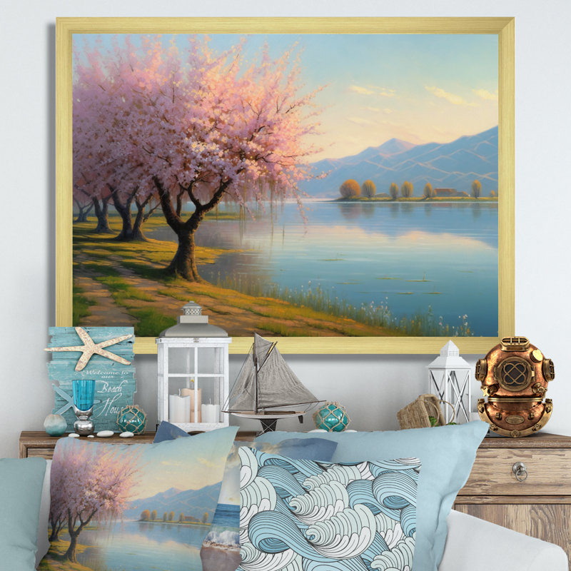 «Rous Cherry Blossom Trees» au bord de l'eau II - reproduction, Cadre doré simple, H 16 po x l 32 po x P 1 po