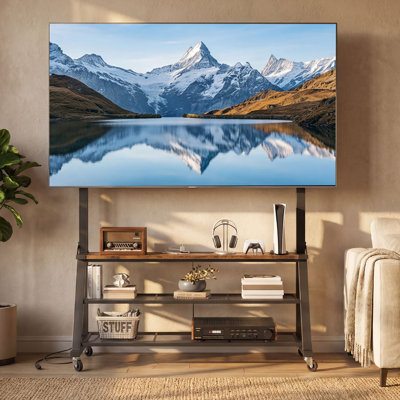 46" Mobile TV Cart with Lockable Casters and Power Outlets, Rolling TV Stand with 3 Shelves for TVs up to 75 Inches