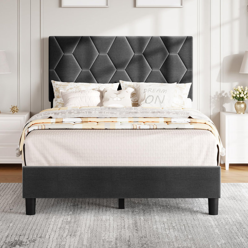 King Size Upholstered Platform Bed – Headboard with Wooden Slats, No Box Spring Needed, Easy Assembly, Gray, King