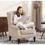 Chaise longue capitonnée beige avec pieds en bois massif-1483996940