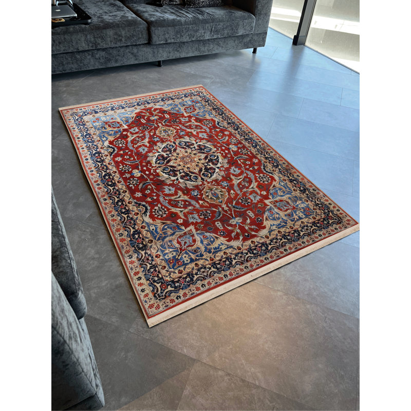 Tapis décoratif rétro multicolore à motif traditionnel bleu et bourgogne, Rectangle 4 pi 11,06 po x 9 pi 10,11 po