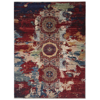 Tapis unique rouge, bleu marine, bleu et beige de 4 pi 11 po x 6 pi 6 po