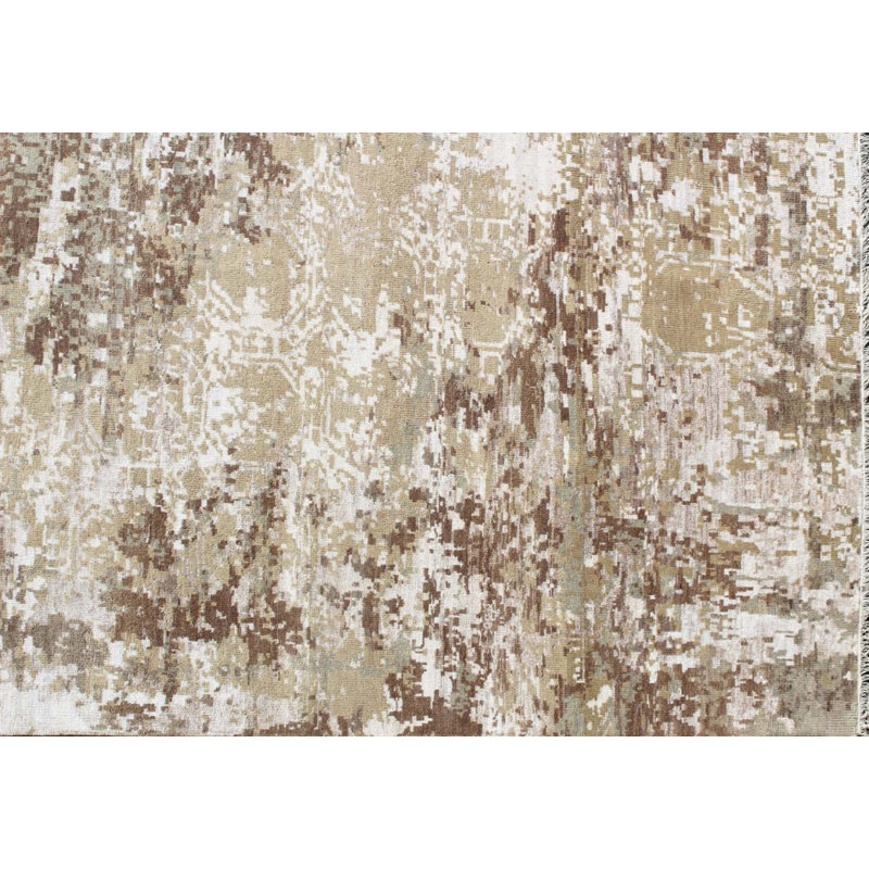 Hand-Knotted Beige & Silver Wool Area Rug 8' x 10' ft– Modern Abstract Distressed Design for Living Room & Bedroom