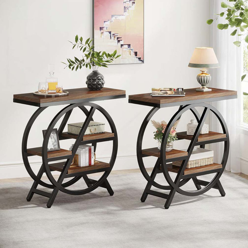 Table de bout étroite 25,59 pouces à 3 niveaux avec rangement - Table d'appoint en bois d'ingénierie avec cadre noir (brun rustique et noir)