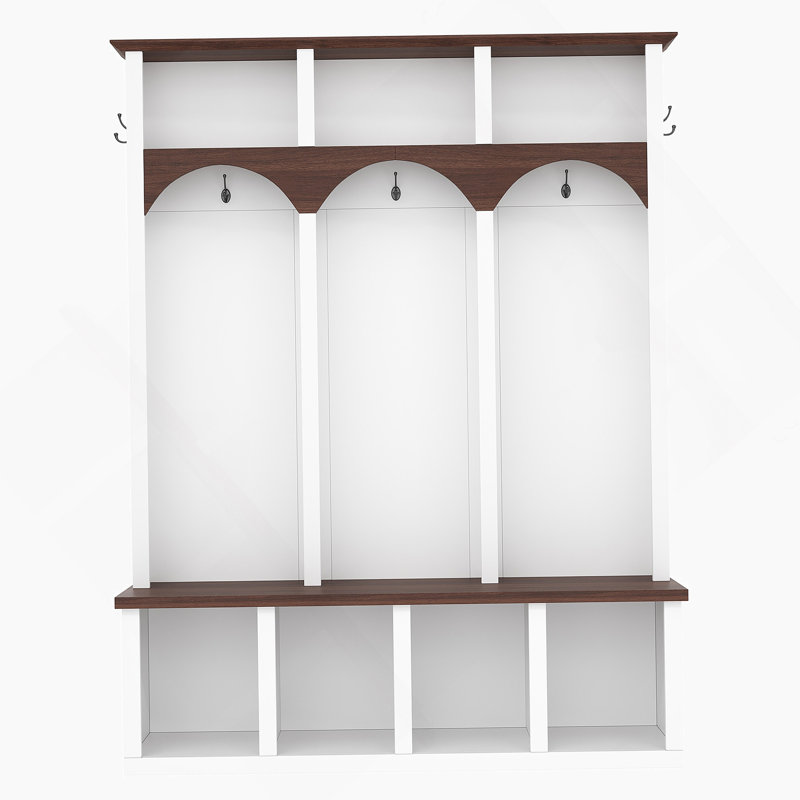 Wooden Hall Tree, Entryway Storage Bench With 5 Hooks And 7 Cubbies For Mudroom, Living Room, White