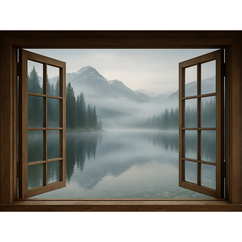 Whispering Pines - Foggy Mountain Reflections Through a Window, H 24 po x l 36 po