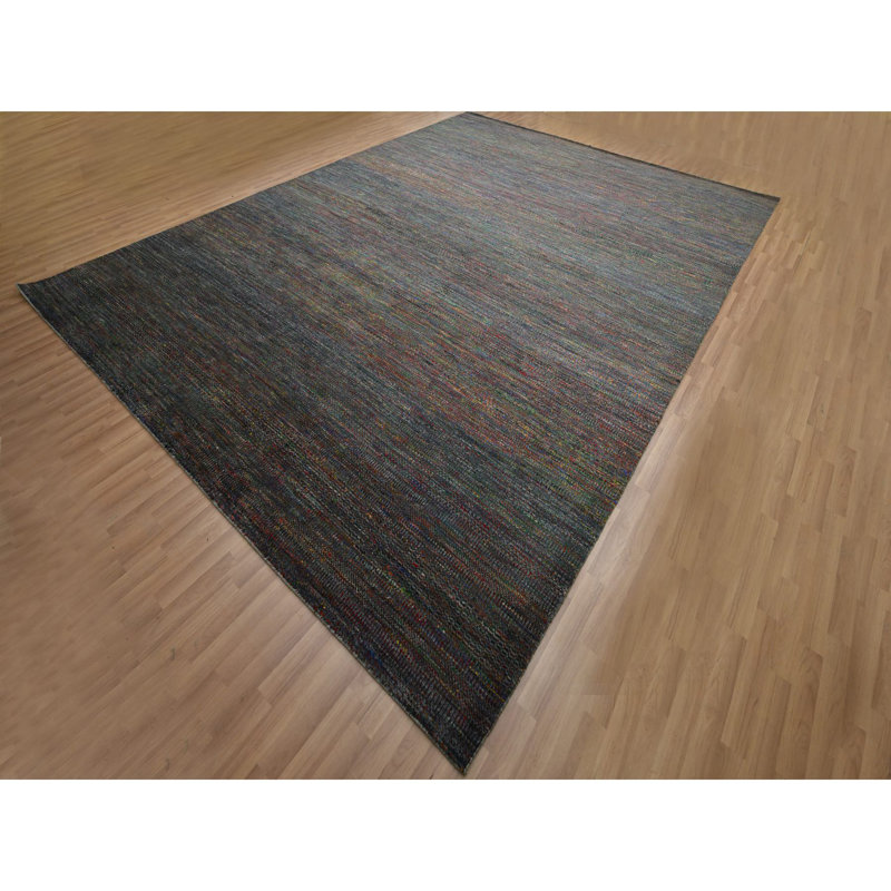 Tapis oriental gris anthracite, moderne, noué à la main 10 pi 2 po x 13 pi 10 po, laine et soie, velours doux ton sur ton, oriental