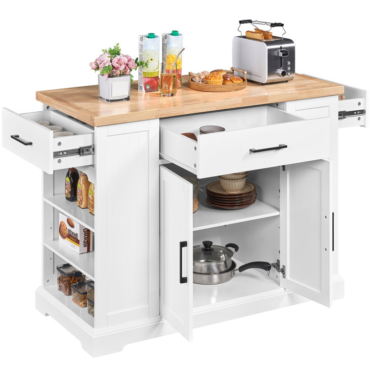 Modern Rolling Kitchen Island Wood Storage Cabinet with Drawer, Open Shelving, and Interior Shelving Red Barrel Studio