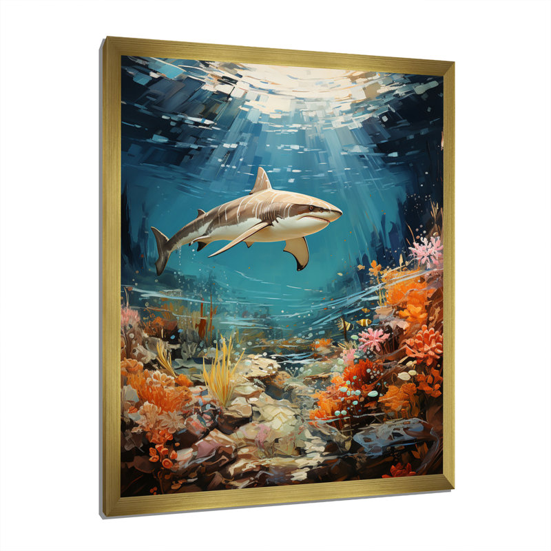 Teal Shark Coastal Creatures " Teal Shark Coastal Creatures ", Gold Picture Framed, 20" H x 12" W x 1" D