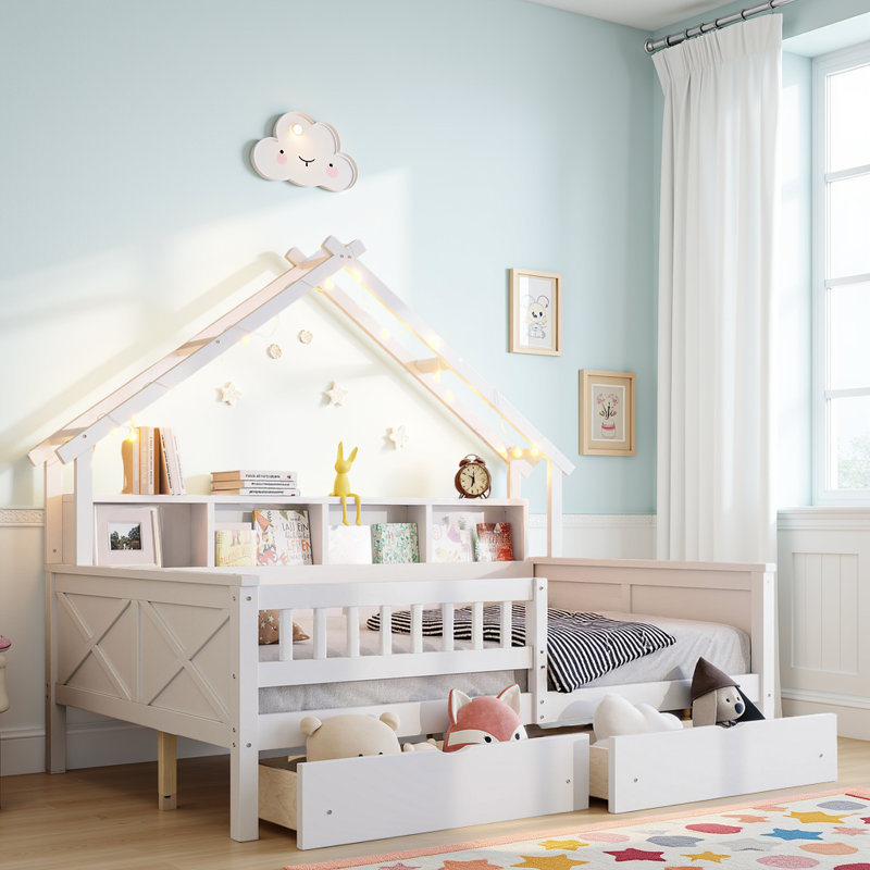 Guardrail Wooden House Bed With LED Light Strip and Storage Place, White