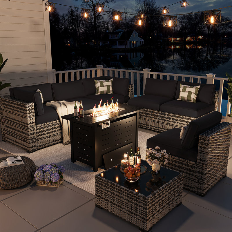 6-Seater Wicker Patio Conversation Set With Cushions, 44" Fire Pit Table And Coffee Table For Outdoor Use, Gray, Black