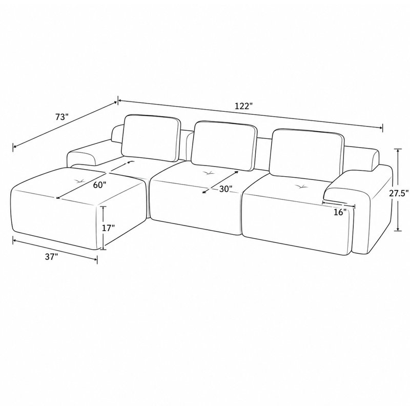 Canapé modulaire à compression de 122 po de largeur avec coussins modulaires et repose-pieds, Light Grey Polyester