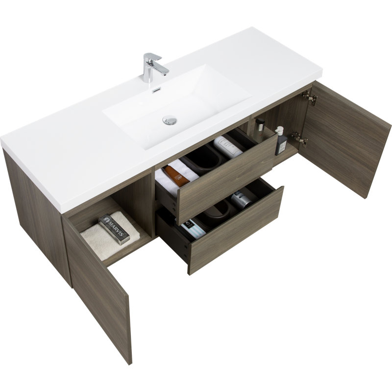 Meuble-lavabo flottant moderne avec lavabo à surface solide pour un rangement élégant dans la salle de bain