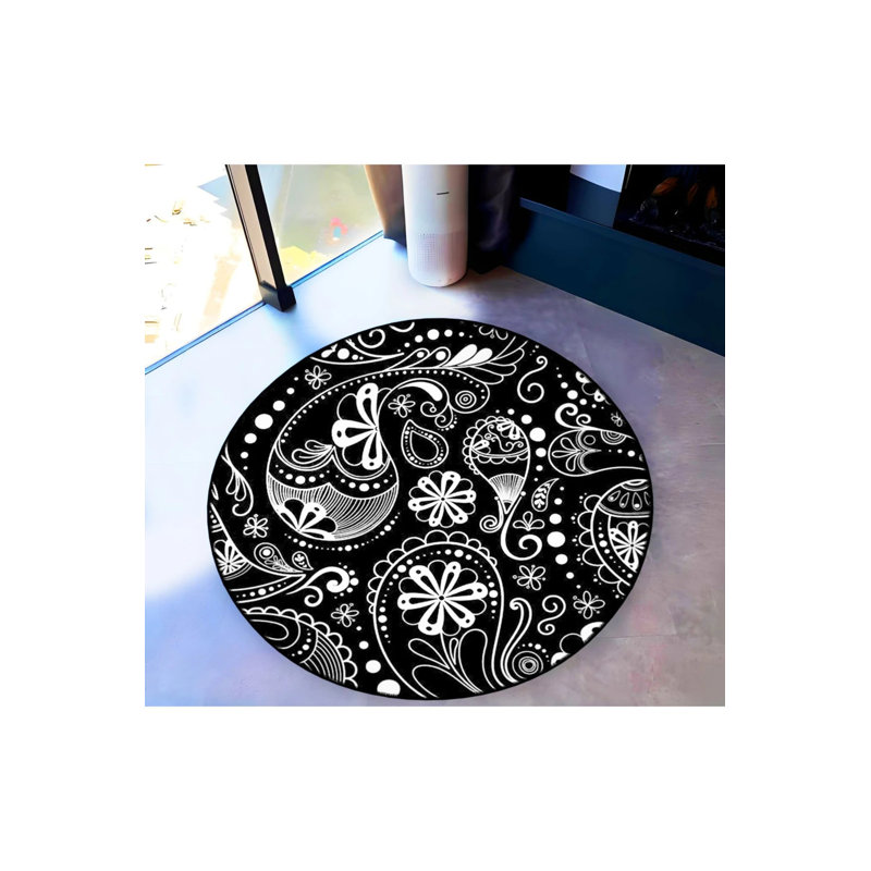 Black And White Ethnic Patterned Woven Base Decorative Carpet, Round 3'4"