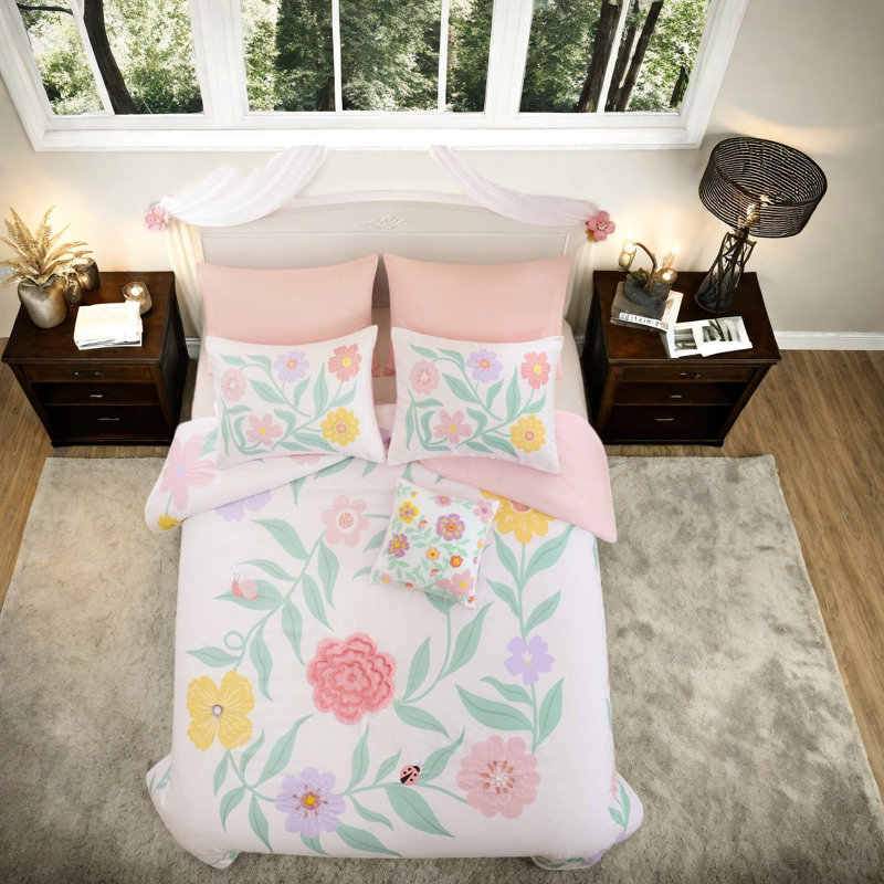 Ensembles de literie pour grand lit à motif floral, ensemble d'édredon en microfibre rose pour filles