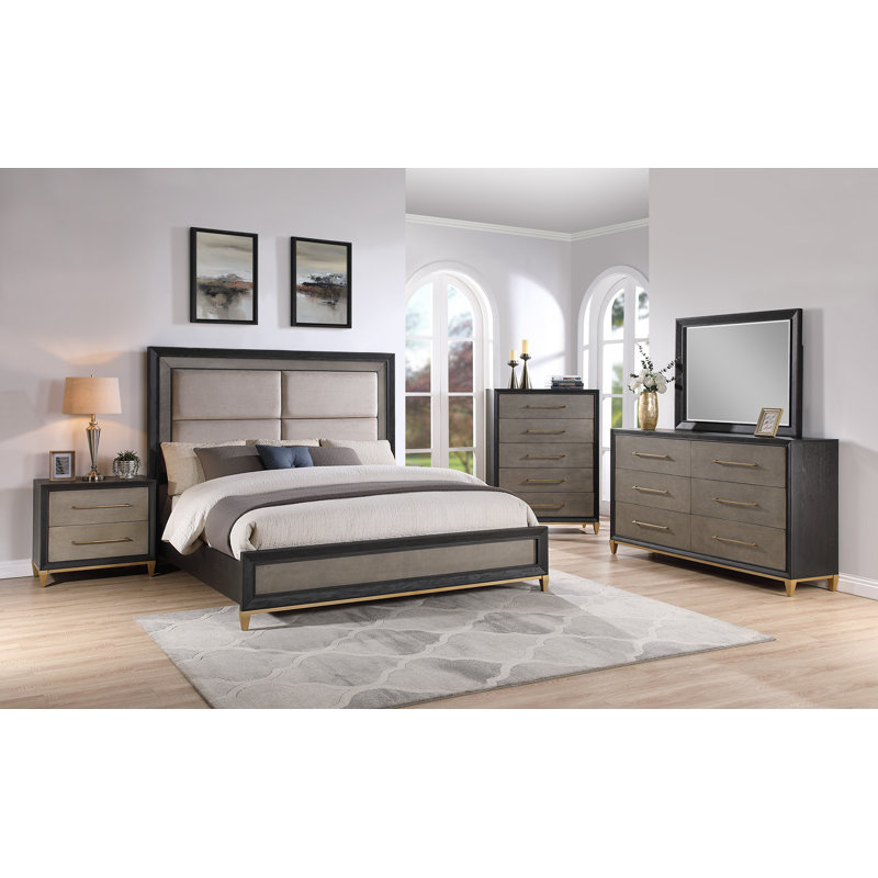 Ensemble de chambre à coucher Hiral Carlen, Grand, 5 pièces : Coffre, Lit, commode, miroir, table de