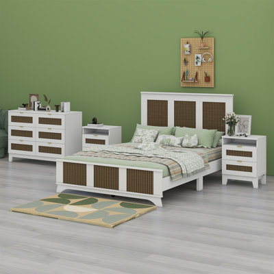 Ensemble de chambre à coucher 4 pièces, lit plateforme de ferme avec décoration en bois, table de chevet et commode avec poignée en métal
