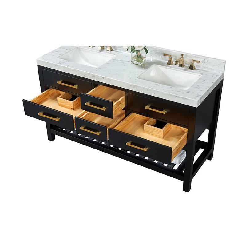 Elizabeth 60'' W Double Vanity, Black Onyx/Brushed Gold, Carrara White Marble