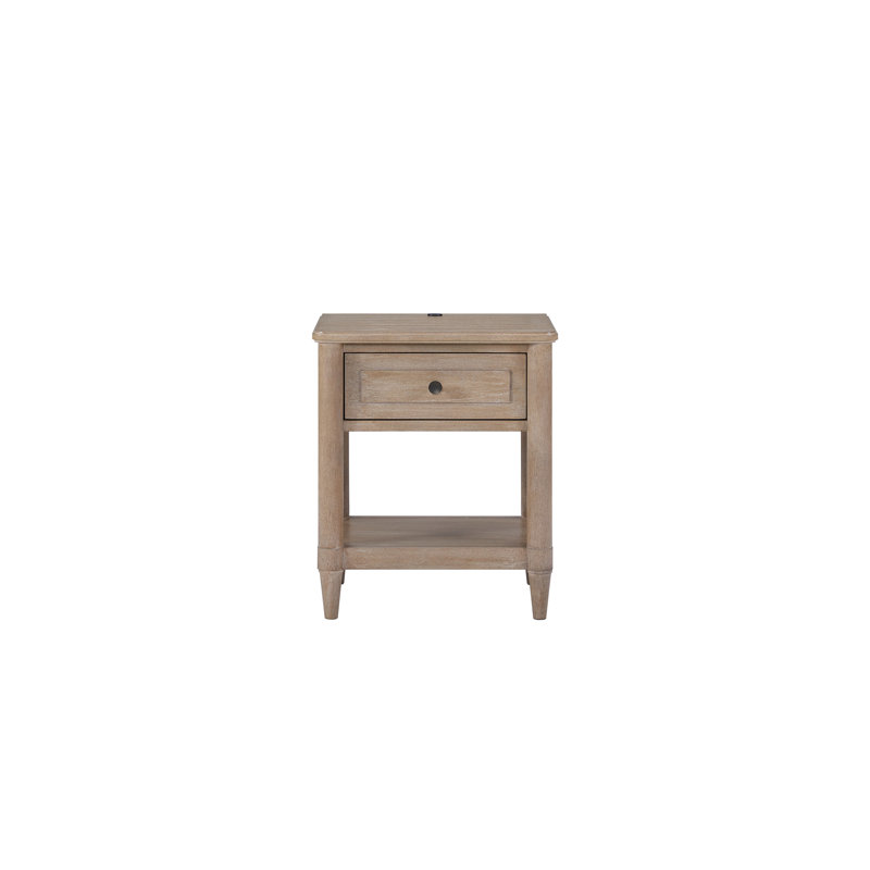 Petite table de chevet en placage de ton sable avec tiroir intégré et tablette pour l'organisation de la chambre à coucher, charge colorée de 22 po de profondeur, tiroir coulissant lisse, tablette inférieure ouverte, profondeur