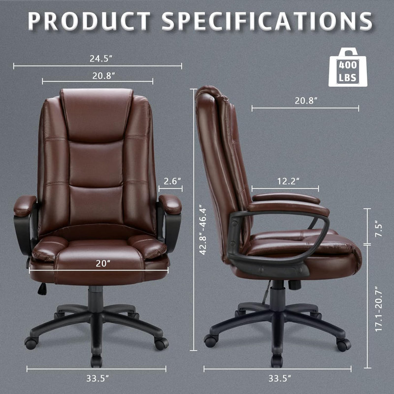 Home Office Chair, 400LBS Big and Tall Heavy Duty Design, Ergonomic High Back Lumbar Back Support, Brown, Black