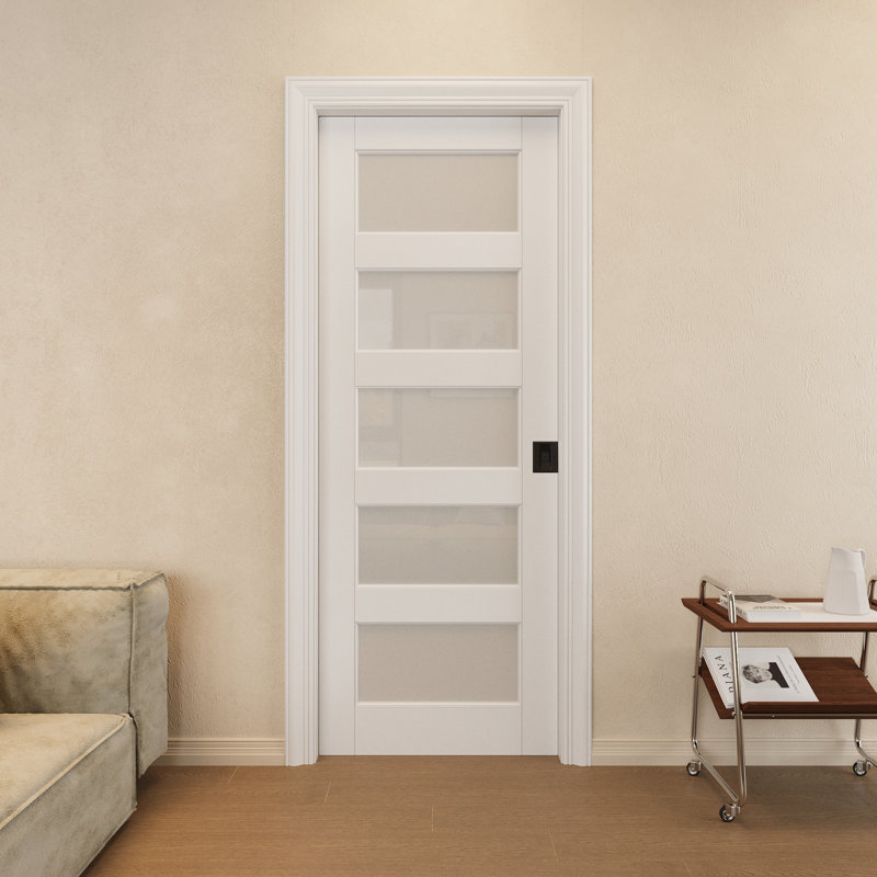 Intérieur de la porte coulissante en verre givré à 5 compartiments avec porte coulissante à verrou solide, 36 po x 80 po