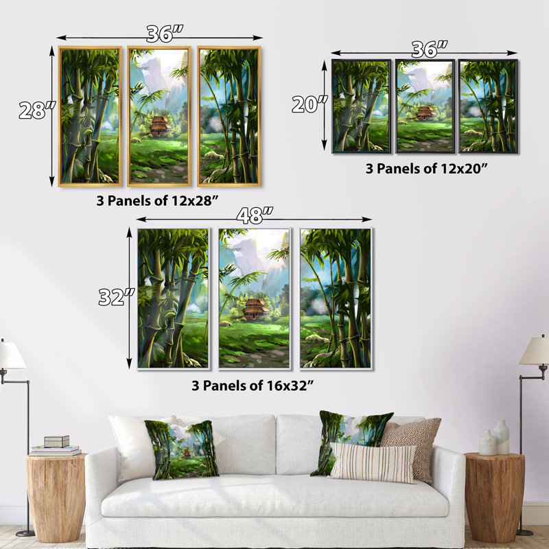 «The House In Bamboo Forest», peinture sur toile 3 pièces, Cadre doré, H 20 po x l 36 po