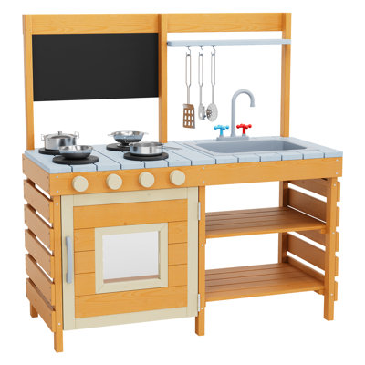 Cuisine de boue d'extérieur en bois pour enfants avec batterie de cuisine, évier amovible et robinet | Tableau noir, tablettes de rangement et cuisinière pour enfants de 3 ans et plus