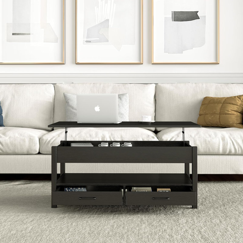 Coffee Table, Lift Top Coffee Table with Hidden Compartment, 2 Drawers and 1 Open Shelf