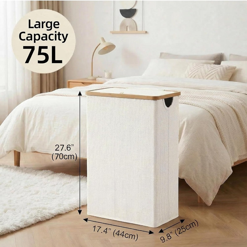 Panier à linge mince avec couvercle et sac à linge amovible, panier à linge étroit avec poignées en bambou pour la salle de bain, la chambre à coucher et la salle de lavage, beige