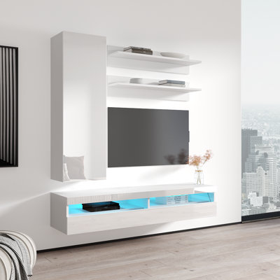 Baret 63" Modern Floating Wall Mounted Entertainment Center with 16-Color LED Lighting, High Gloss Finish
