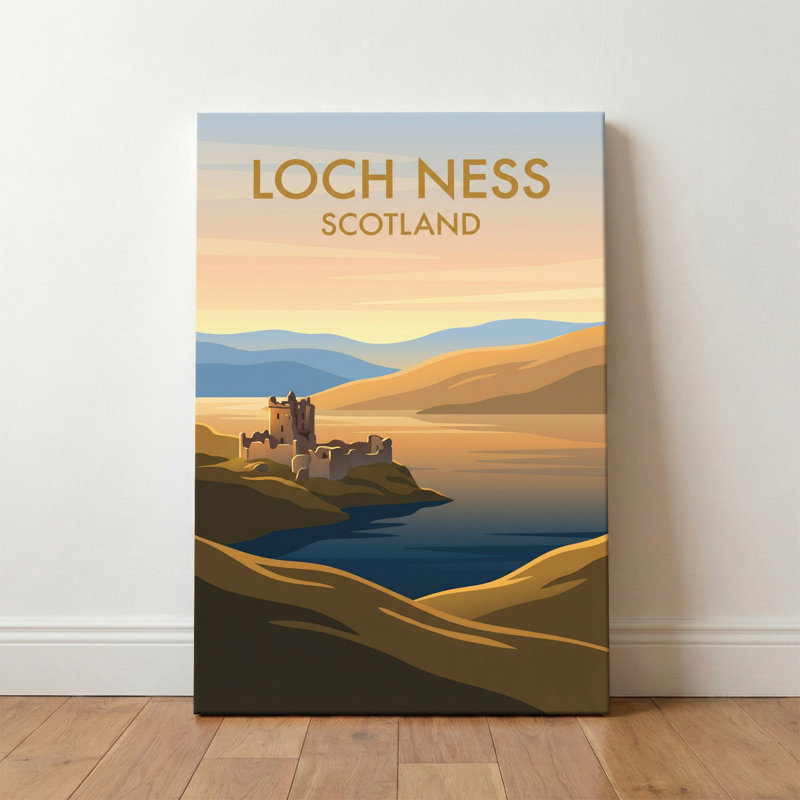 Loch Ness, Scotland - Romantic Highlands Travel Poster Featuring Urquhart Castle At Sunset. Giclee Print On Wrapped Canvas. Wall Art, Home Decor - Natural Landmarks, Scotland - Wrapped Canvas Print