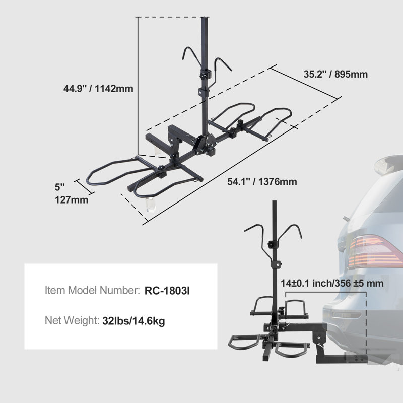 Hitch Mount Bike Rack, 2-Bike Platform Style, 160 LBS Max Capacity Bike Rack Hitch for 2-inch Receiver, Titling and Folding Bike Carrier with Tires up to 5" Wide, SUV, Truck, RV, Designed for Car