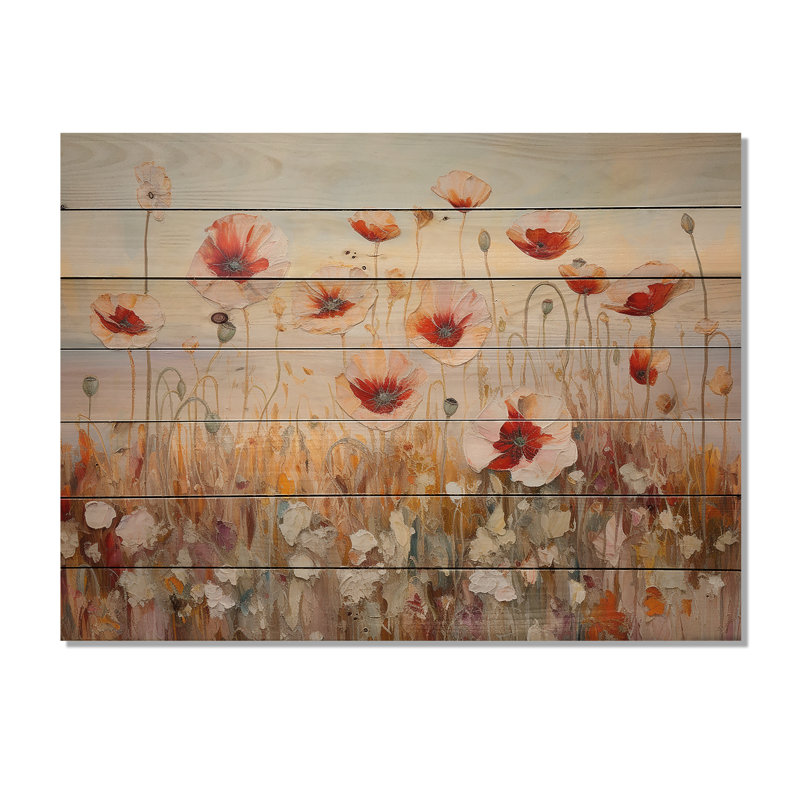 Champ de coquelicots rouges et dorés - coquelicots, art mural sur bois de pin naturel, H 10 po x l 20 po