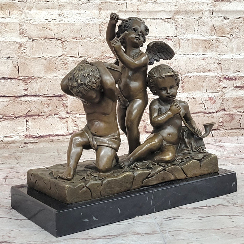Three Cherubim Winged Cherub Baby Angel Putti Sculpture on Marble Base