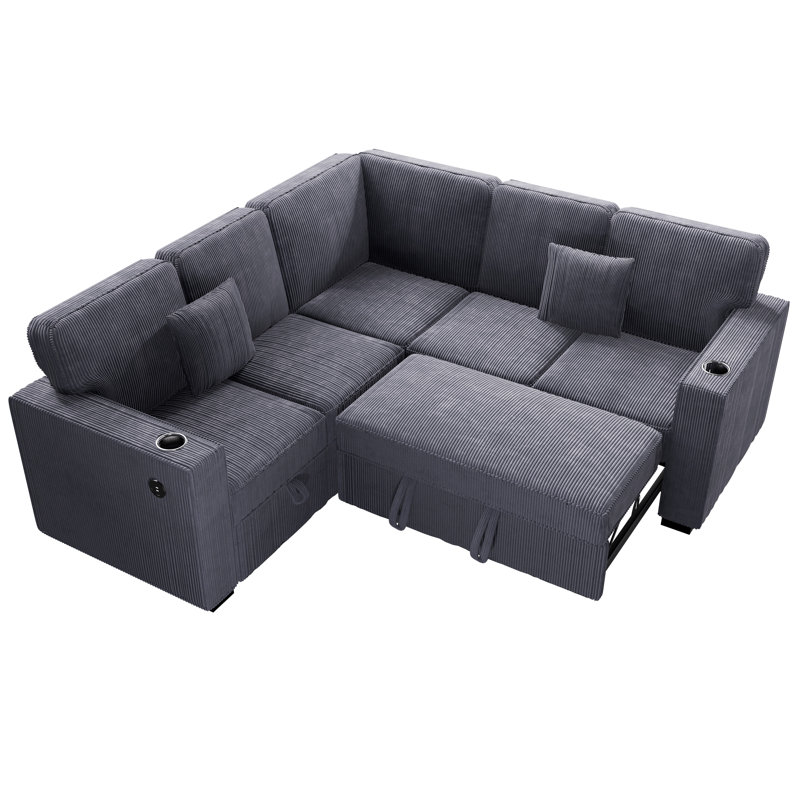 Canapé modulaire convertible 3 pièces Wetzel, Velours côtelé gris foncé
