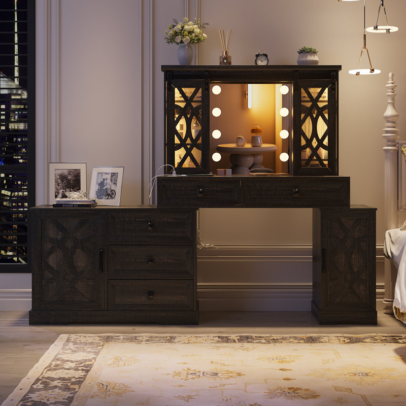 Coiffeuse de maquillage avec éclairage et armoire de rangement, Brun rustique