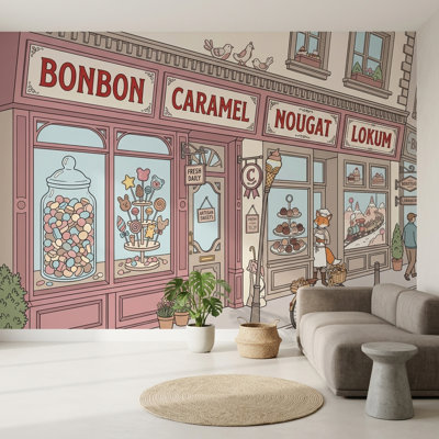 Candy Shop Storefront Wallpaper Pastel Pink French Patisserie Vibe Wall Mural