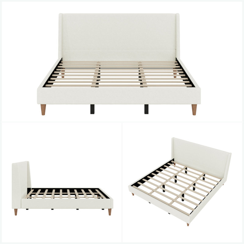 Wingback Upholstered Bed with Walnut Legs, King, Ivory Boucle