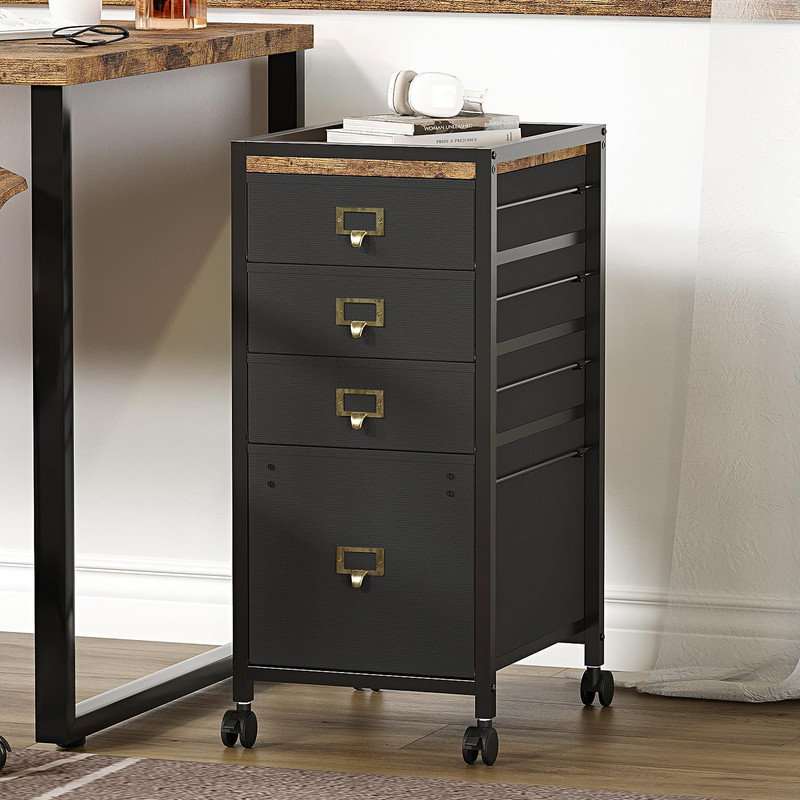 Classeur mobile à 4 tiroirs en noir - Unité compacte de rangement à roulettes pour dossiers A4. Idéal pour le bureau à domicile ou sous le bureau
